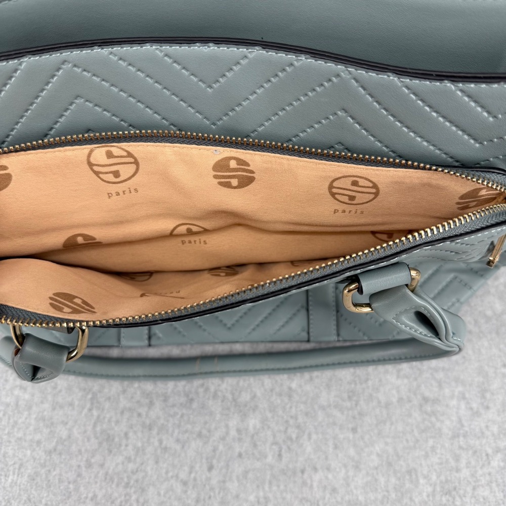 Segolene Paris Blue Grey Chevron Quilted Satchel Handbag Gold Hardware Large - Picture 2 of 8